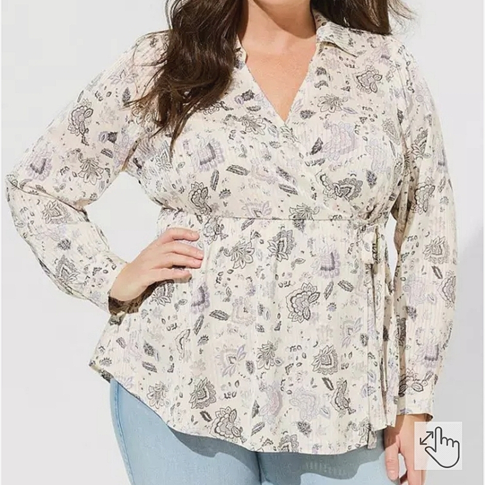 Torrid Floral Striped Satin Collared Elastic Waistband Surplice Peplum Blouse